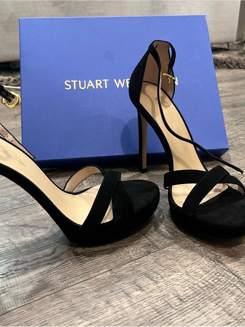 Stuart Weitzman Black Suede Ankle-Strap High Heel Sandals